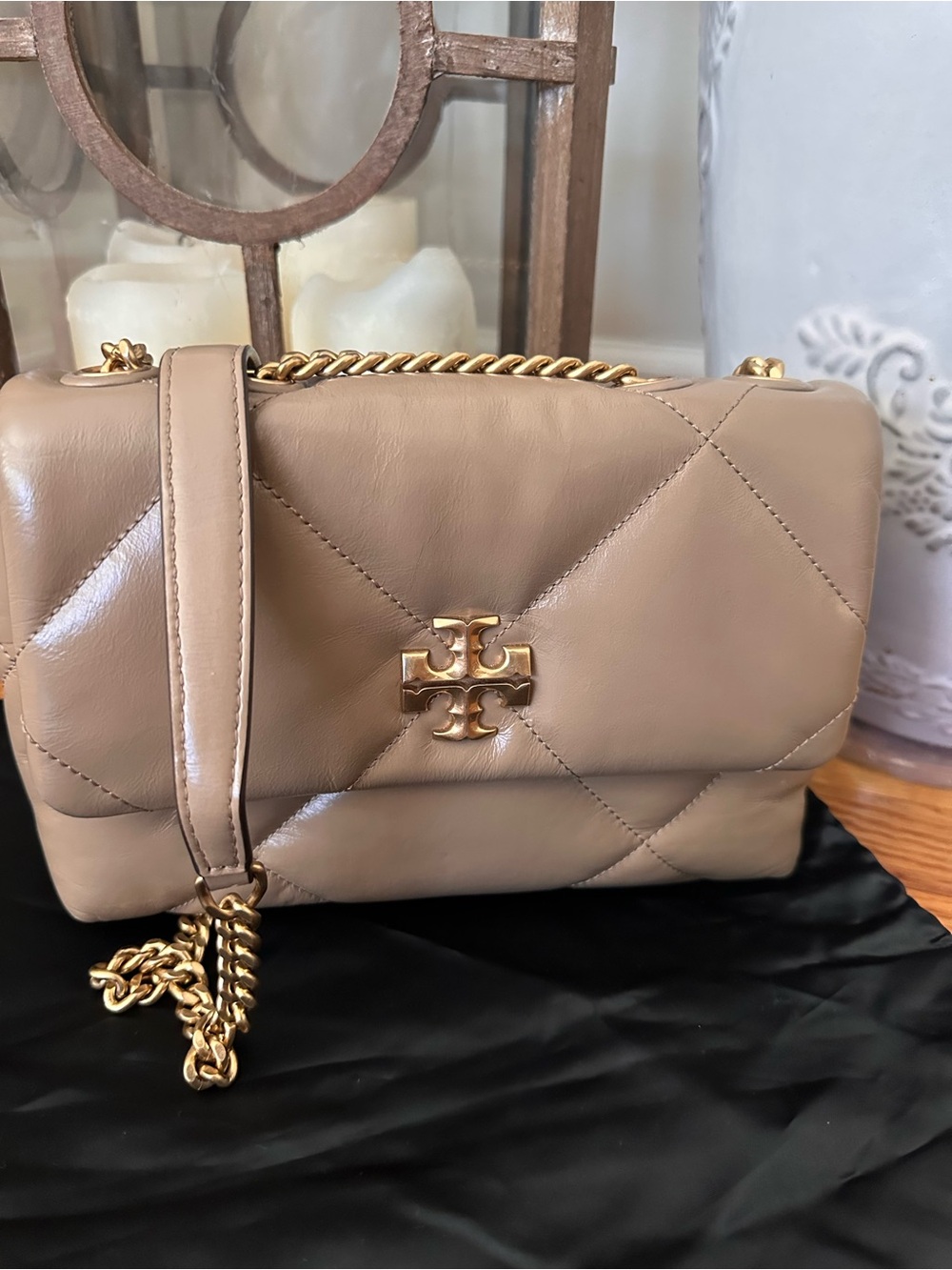 Tory Burch Quilted Leather Chain Shoulder Bag in Taupe Beige